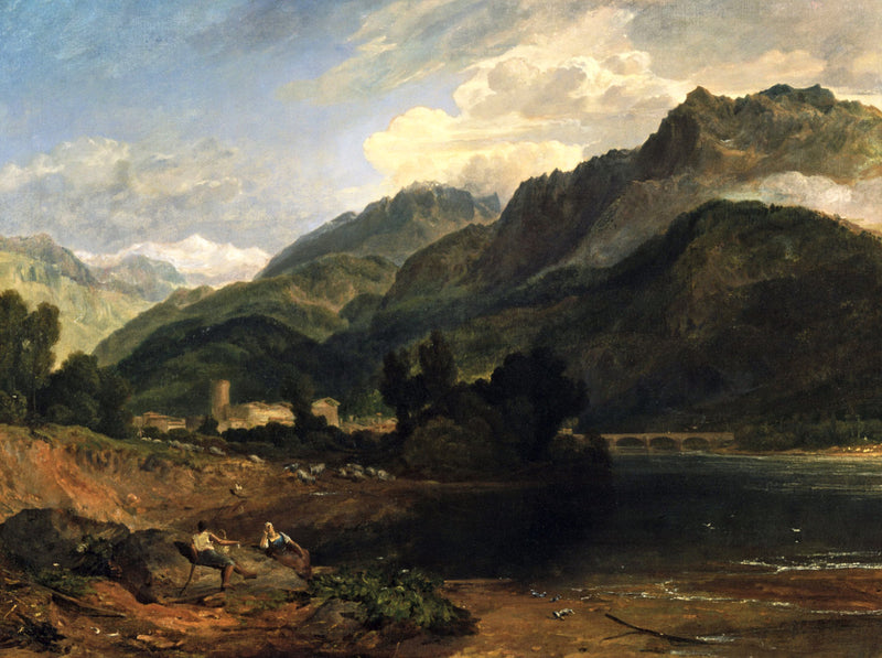 Bonneville, Savoy by Turner: a green valley with a river, a castle tower and high wooded mountains under bright clouds
