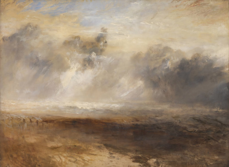 Breakers on a Flat Beach by J. M. W. Turner: low surf on a wide flat beach under heavy grey clouds and a gap of light