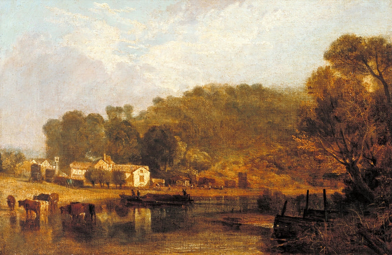 Cliveden on Thames by Turner: cattle in the shallows of the Thames below wooded slopes and white farm buildings