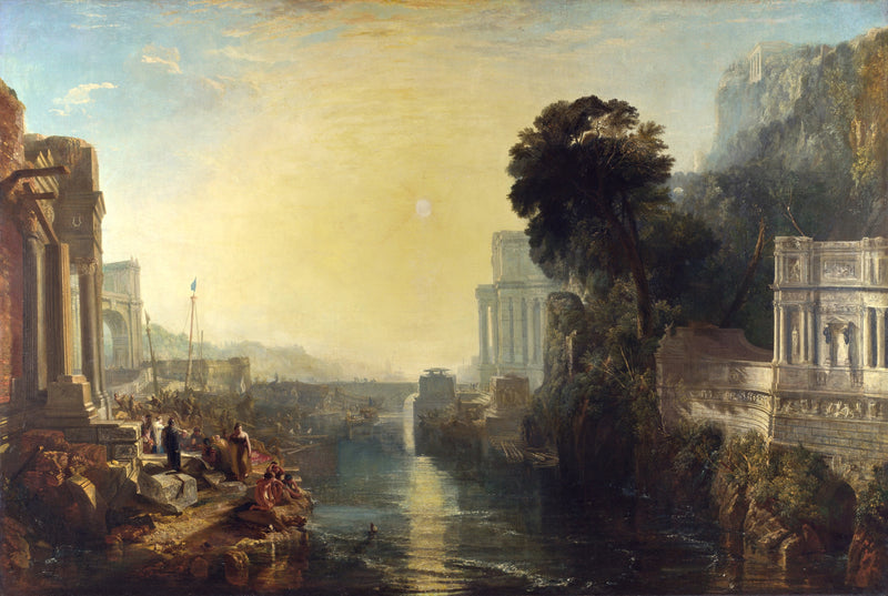 Dido building Carthage by Turner: a golden sun over a harbour lined with grand classical buildings, figures on the shore