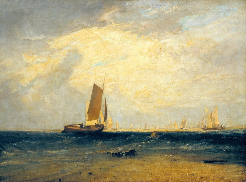 Fishing upon the Blythe-Sand by Turner: a sailing boat on a dark blue sea under a bright broken sky, golden sand in front