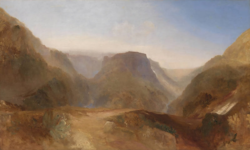 Italian Landscape by J. M. W. Turner: steep brown hills around a deep valley under a soft blue sky