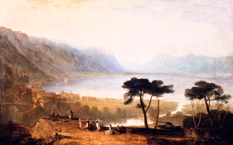 Lake of Geneva from Montreux by Turner: umbrella pines and figures on a terrace above a pale lake and blue mountains