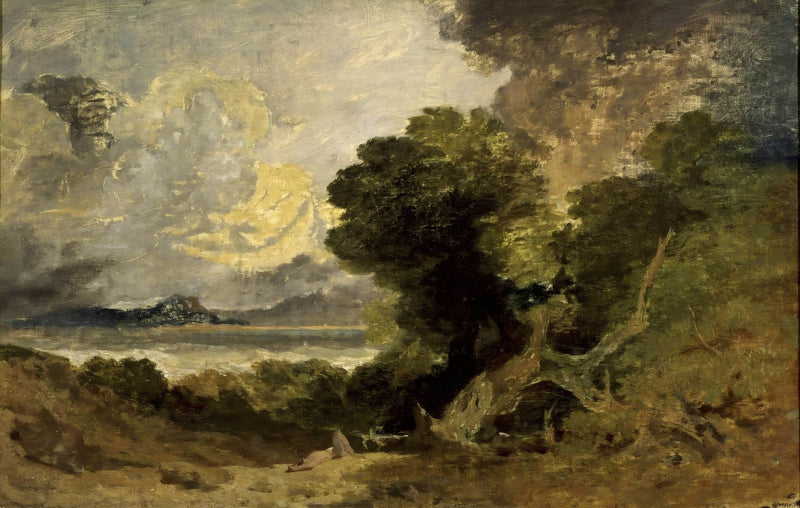 Landscape with Lake and Fallen Tree by J. M. W. Turner: a great dark tree and fallen trunk by a lake under a stormy sky