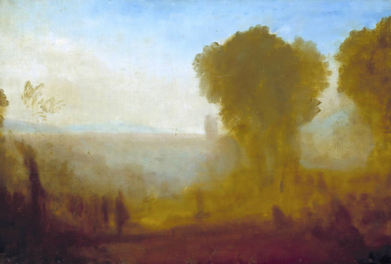 Landscape with Tower, Trees and Figures by J. M. W. Turner: golden trees, a tower and a hazy plain, figures in front