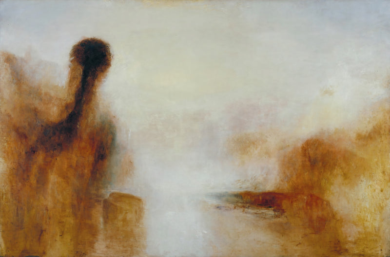 Landscape with Water by J. M. W. Turner: pale water and sky, a tall dark tree on the left, warm ochre shapes on the right