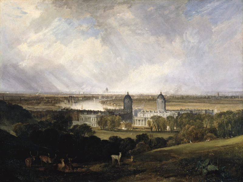 London from Greenwich Park by Turner: deer in a shaded park, white domed buildings below and London in the haze beyond