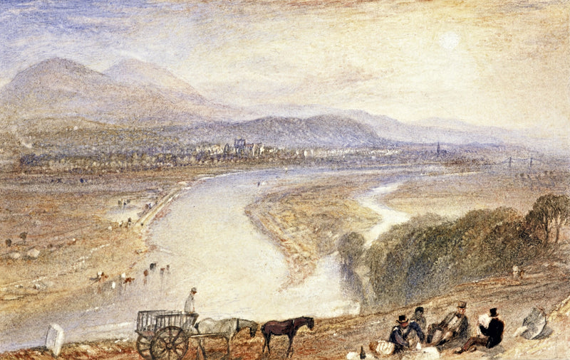 Melrose by Turner: the river Tweed winding through a wide valley below hills, a cart and travellers resting on a hillside