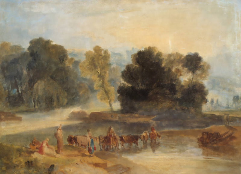 Men with Horses Crossing a River by J. M. W. Turner: horses led through a shallow river, dark trees and a pale sky behind