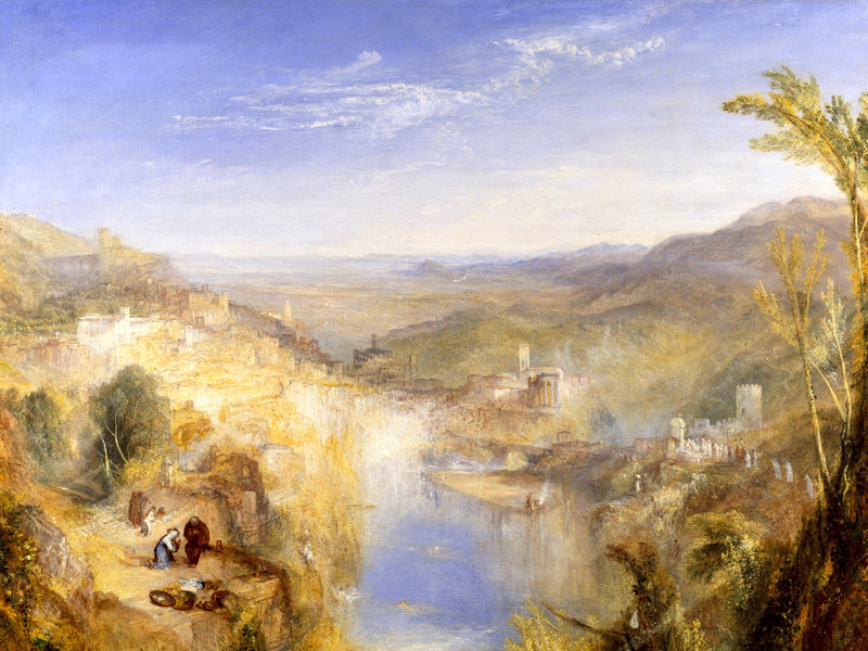 Modern Italy by Turner: a hill town above a winding river valley in golden light, figures resting under trees in front