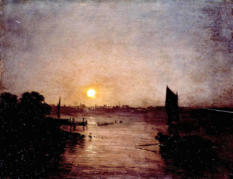 Moonlight, a Study at Millbank by Turner: a low glowing moon over the dark Thames, boats and shoreline in silhouette