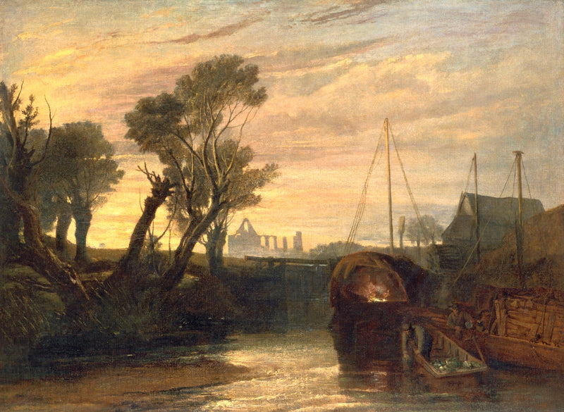 Newark Abbey by Turner: a barge moored by a riverbank at sunset, dark willows against an orange sky, ruins beyond