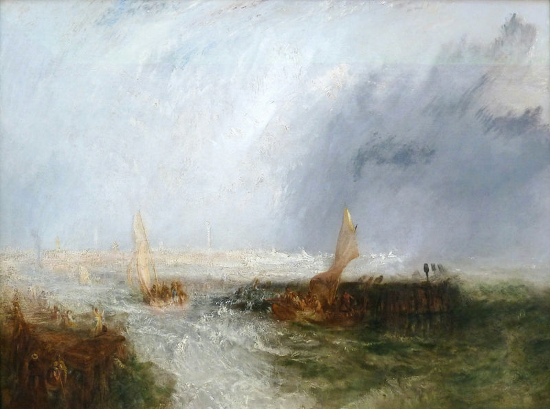 Ostend by Turner: small sailing boats tossed in rough grey-white water under a whirling storm sky