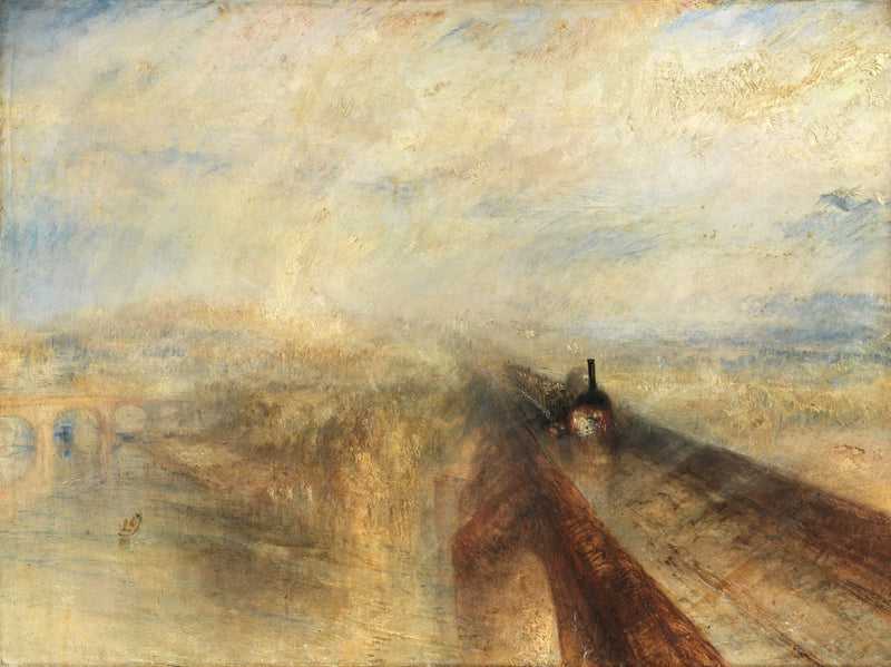 Rain, Steam and Speed by Turner: a dark steam train crossing a bridge toward us through golden rain and mist
