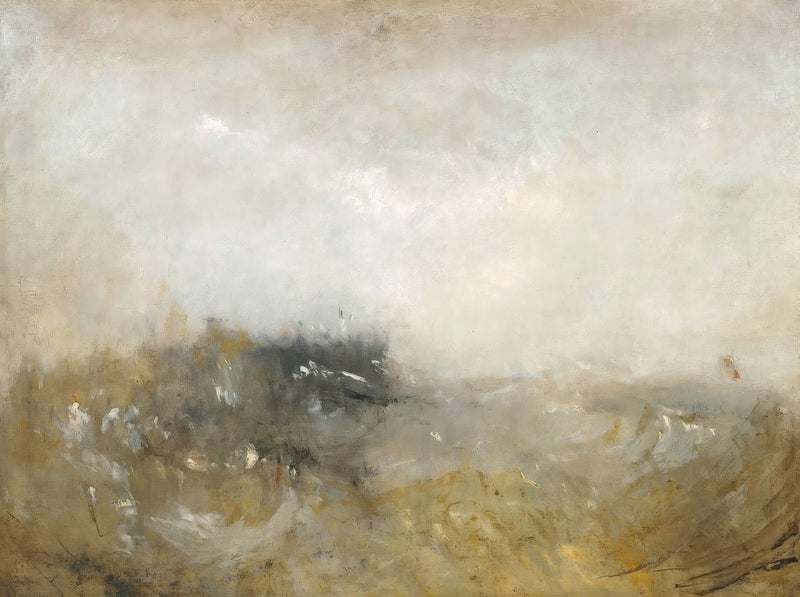 Rough Sea by J. M. W. Turner: churning grey and ochre waves under a pale white sky, loosely painted