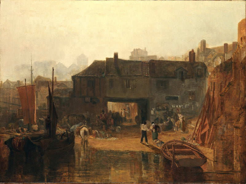 Saltash with the Water Ferry by Turner: an inn at a ferry landing, boats, horses and people on the waterfront in warm light