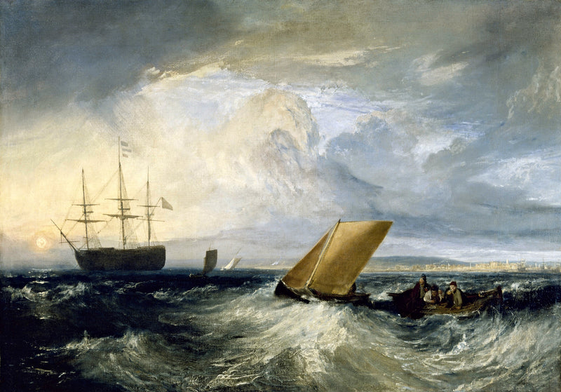 Sheerness as Seen from the Nore by Turner: a small sailing boat in rough grey water, a warship behind under a stormy sky