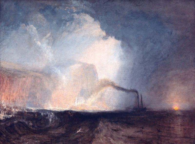 Staffa, Fingal’s Cave by Turner: a steamboat trailing smoke in a stormy sea below dark cliffs, a low red sun