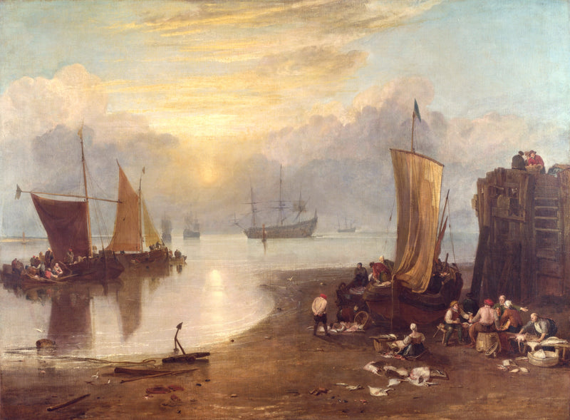 Sun Rising through Vapour by Turner: fishing boats and fishermen on a misty shore, a pale sun over a calm silver sea