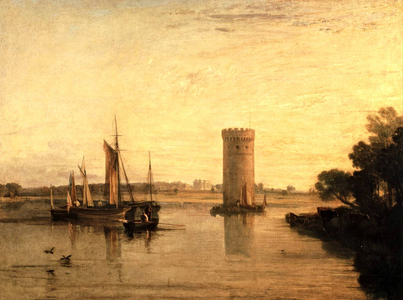 Tabley, Calm Morning by Turner: sailing boats and a round stone tower on a still golden lake, trees at the right