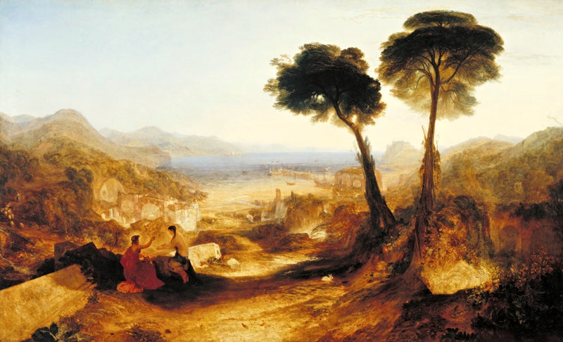 The Bay of Baiae by Turner: two tall umbrella pines over a golden bay, small figures of Apollo and the Sibyl below