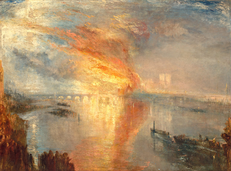 The Burning of the Houses of Lords and Commons by Turner: fire and smoke over the Thames at night, crowds on the bank