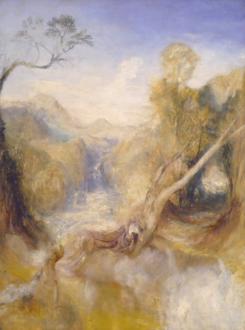 The Death of Actaeon by J. M. W. Turner: a waterfall and leaning tree above swirling white water, blue sky above