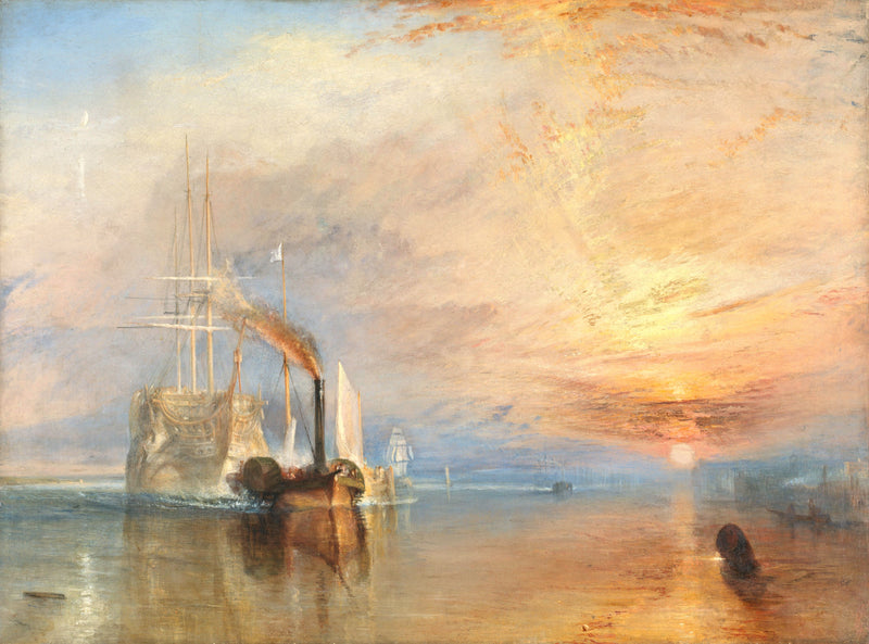 The Fighting Temeraire by Turner: a pale old sailing warship towed up a river by a small black steam tug at sunset