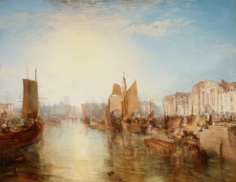 The Harbour of Dieppe by J. M. W. Turner: a busy French harbour in golden light, sailing boats and tall houses along the quay