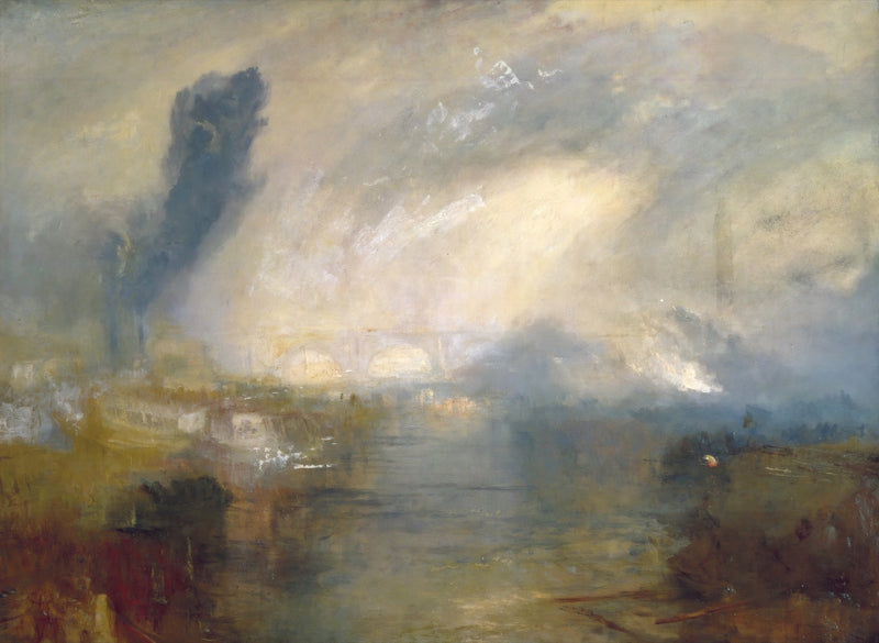 The Thames above Waterloo Bridge by J. M. W. Turner: smoke and light over the river in London, a pale bridge in the haze
