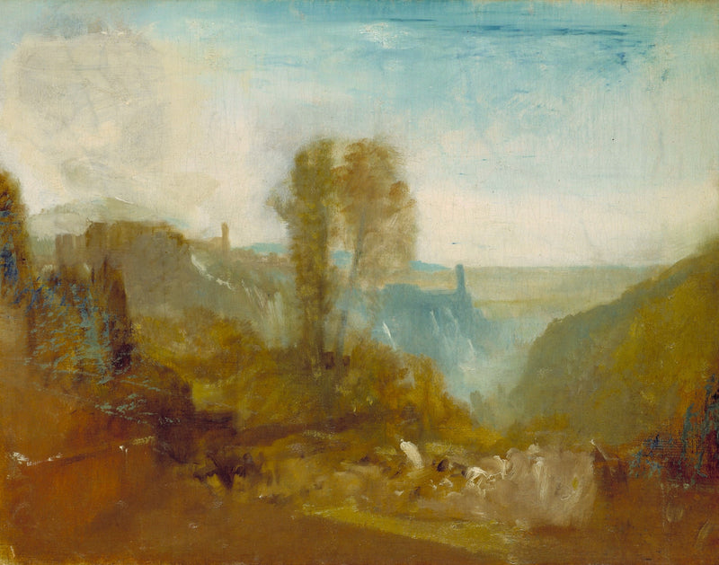 Tivoli, the Cascatelle by J. M. W. Turner: a tall tree above a valley of little waterfalls, blue hills and sky beyond