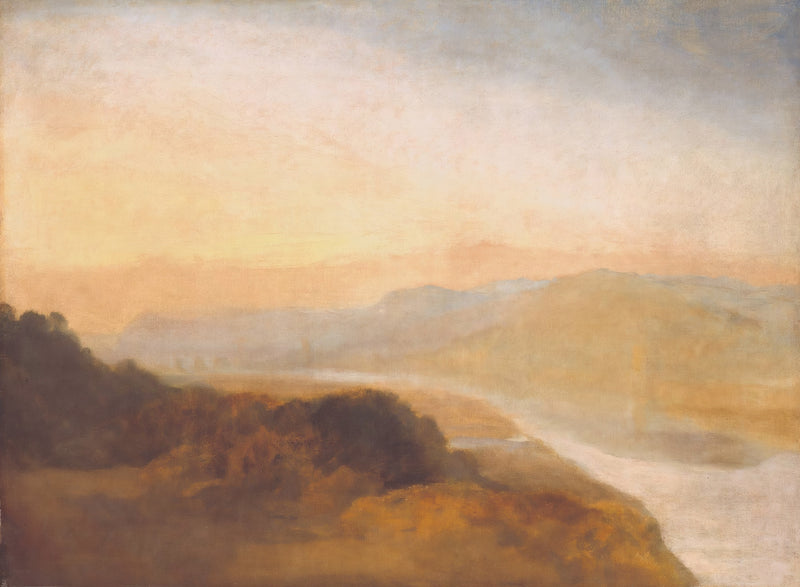 Valley with a Distant Bridge and Tower by J. M. W. Turner: a river winding through a golden valley below a dark hill