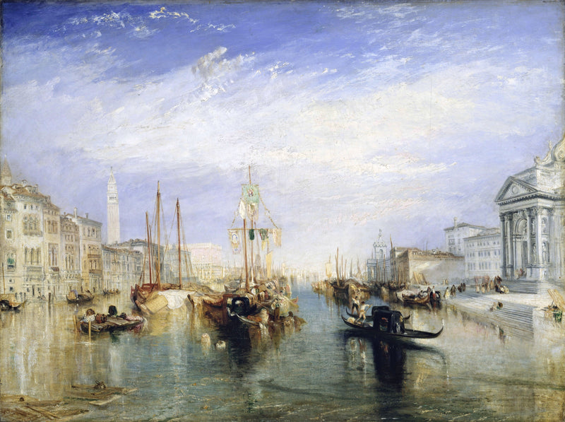 Venice from the Salute by Turner: gondolas and sails on a shining canal, white palaces and a blue sky