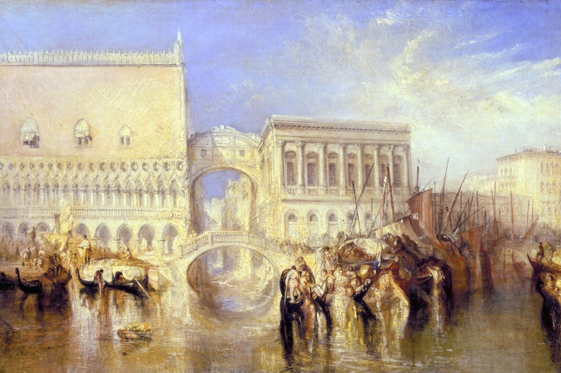 Venice, the Bridge of Sighs by Turner: white palaces joined by a covered bridge over a canal crowded with boats