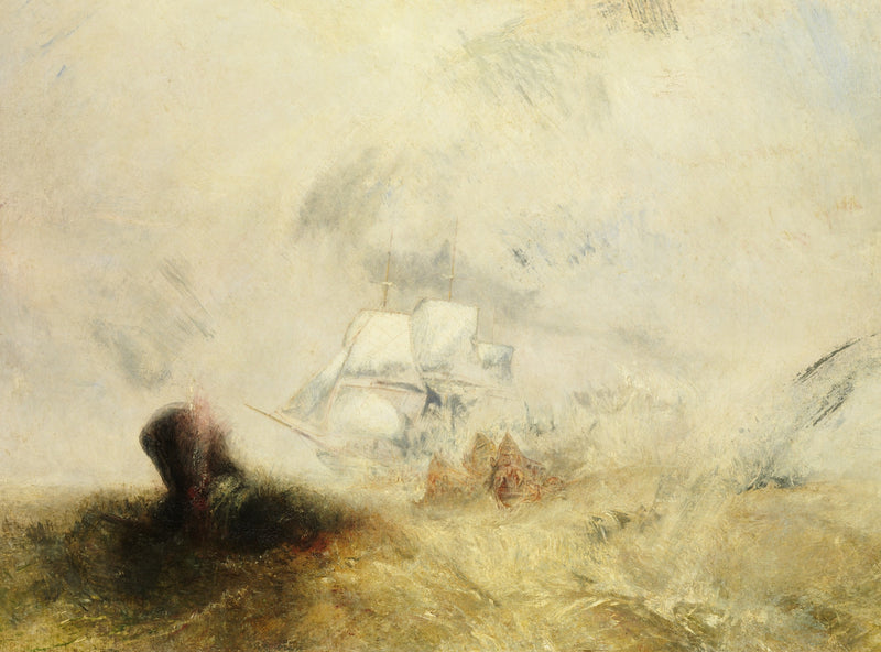 Whalers by J. M. W. Turner: a dark whale thrashing in a pale, misty sea, a whaling ship and small boats close by