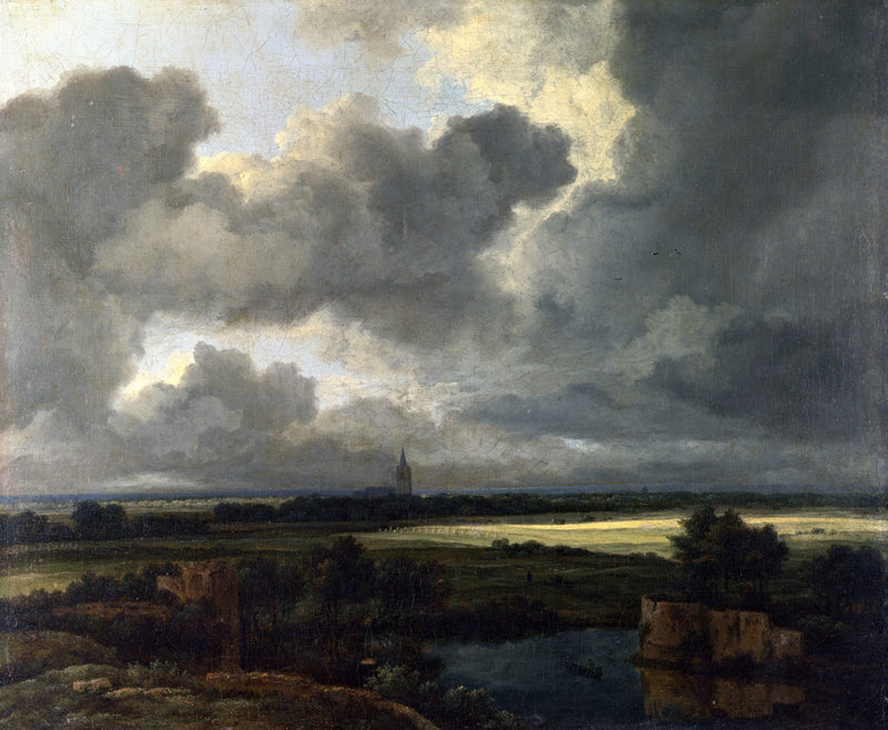 An Extensive Landscape with Ruins by Ruisdael: a vast storm sky over flat fields, a distant church spire and a ruined castle