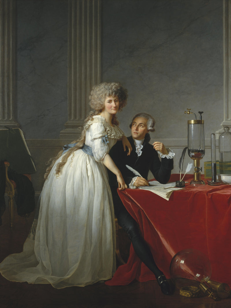 Lavoisier portrait by Jacques-Louis David: a woman in white leans on a man writing at a red table of glass instruments