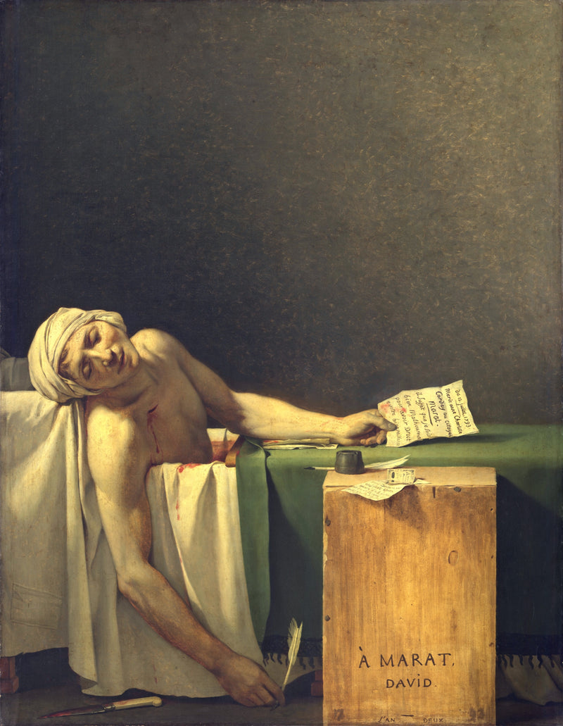 The Death of Marat by Jacques-Louis David: a man slumped dead in a bath, holding a letter and a quill, a wooden crate beside