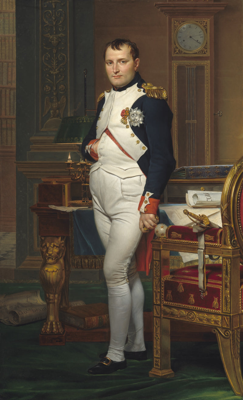 Napoleon in His Study by Jacques-Louis David: Napoleon in blue uniform, hand in his jacket, by a desk, a clock and candles