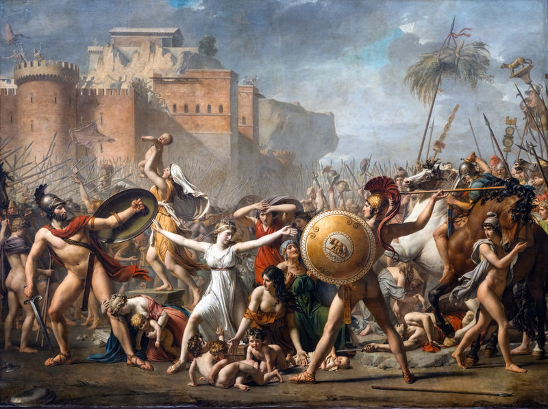 The Sabine Women by Jacques-Louis David: a woman in white, arms outstretched, between two warriors
