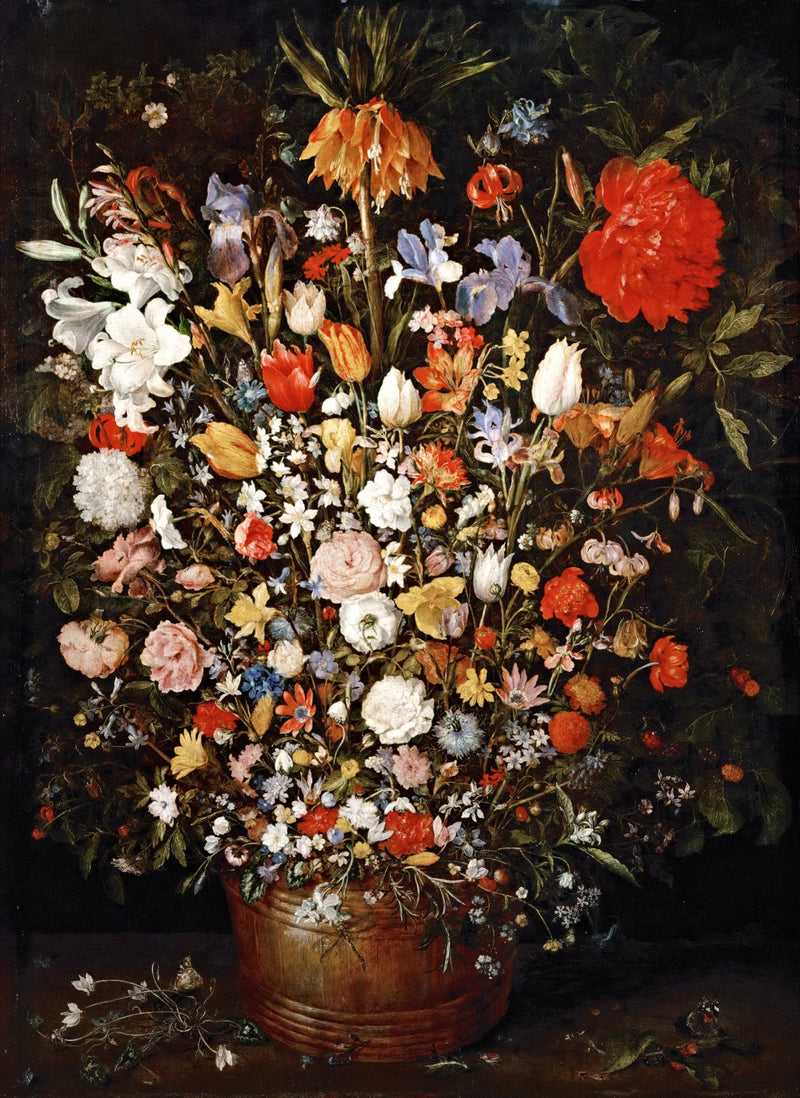 Large Bouquet of Flowers by Jan Brueghel the Elder: a towering bouquet of tulips, irises, lilies and roses in a wooden tub