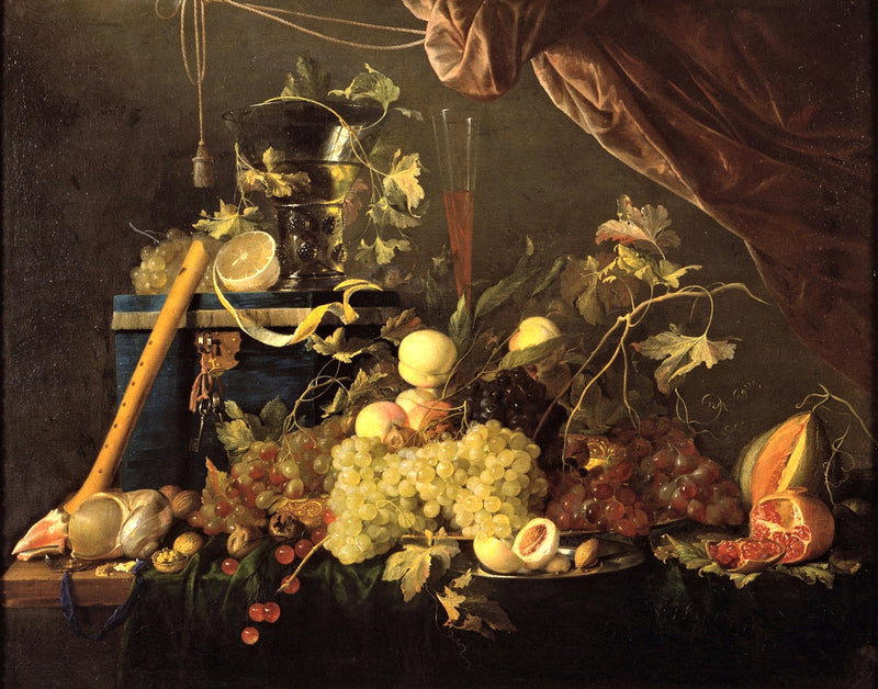 Fruit Still Life by de Heem: grapes, peaches, a pomegranate and a melon on a table, a blue jewellery box and a red curtain