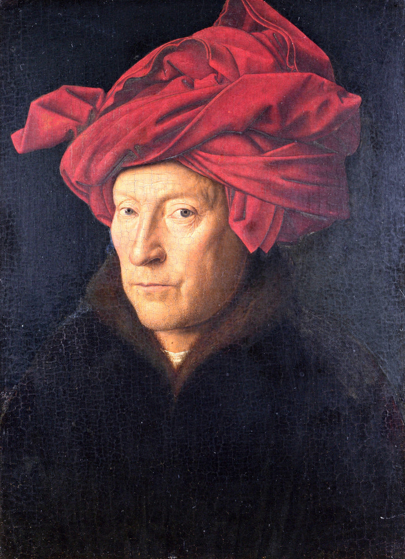 Portrait of a Man by Jan van Eyck: a middle-aged man in a red wrapped headdress looks out against a dark background
