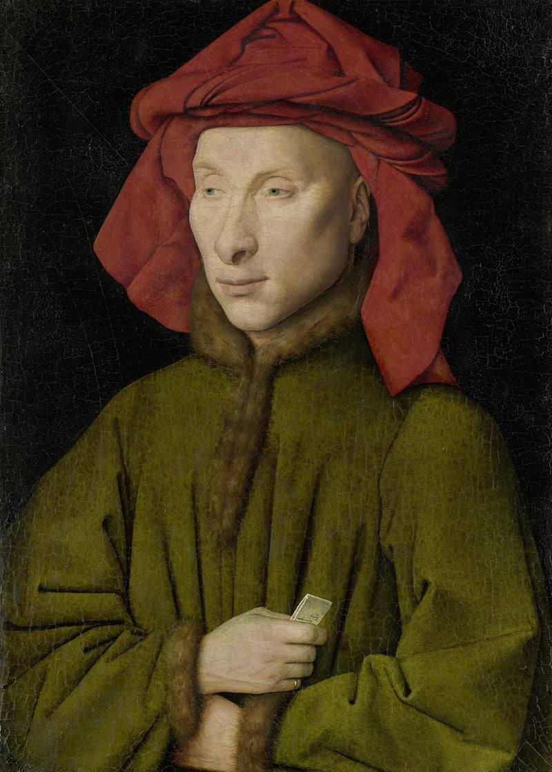 Portrait of Giovanni Arnolfini by Jan van Eyck: a pale man in a red headdress and fur-lined green gown, a paper in his hands