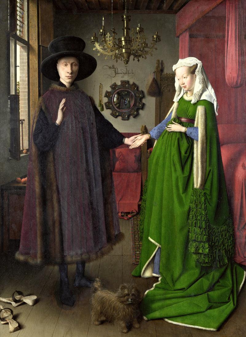 The Arnolfini Portrait by Jan van Eyck: a man in a black hat and a woman in a green gown stand hand in hand, a mirror behind