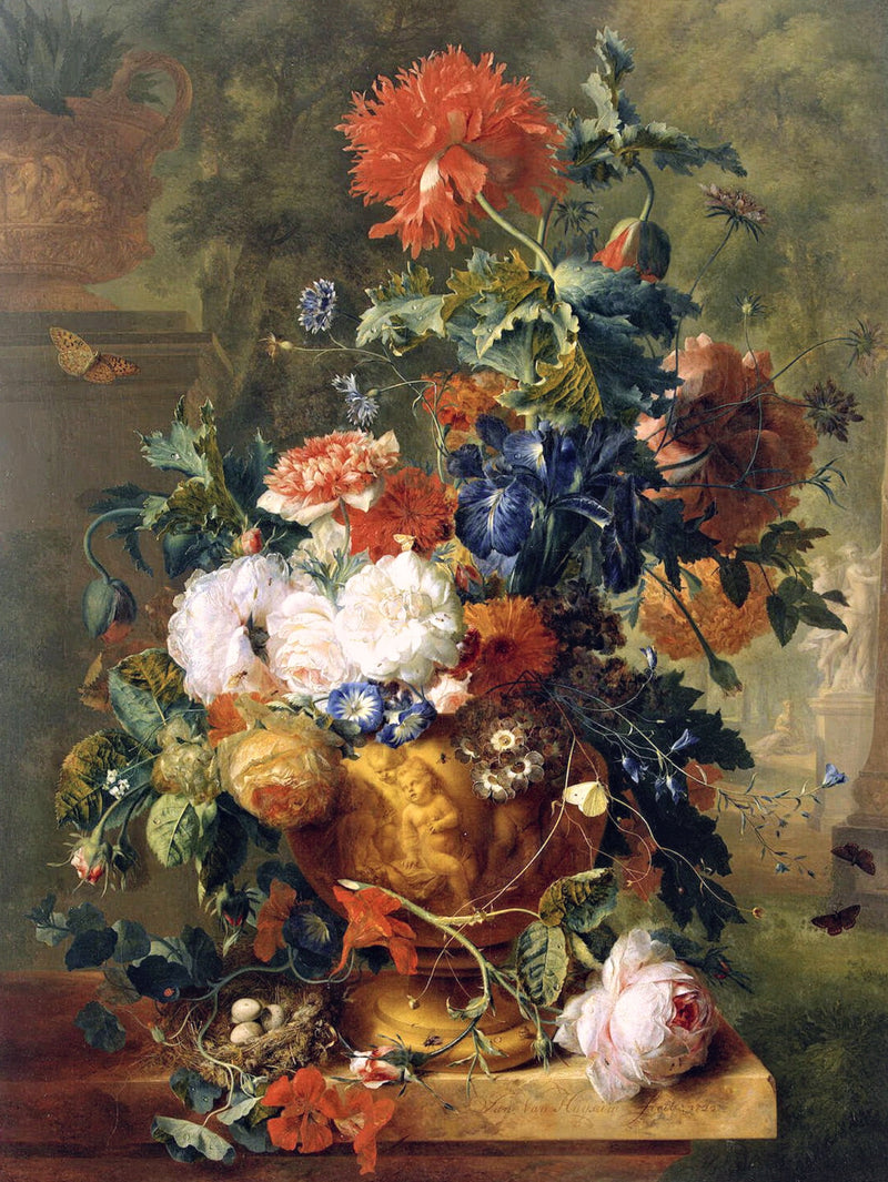 Flowers in a Terracotta Vase by Jan van Huysum: red poppies, roses and blue flowers in a carved vase on a ledge