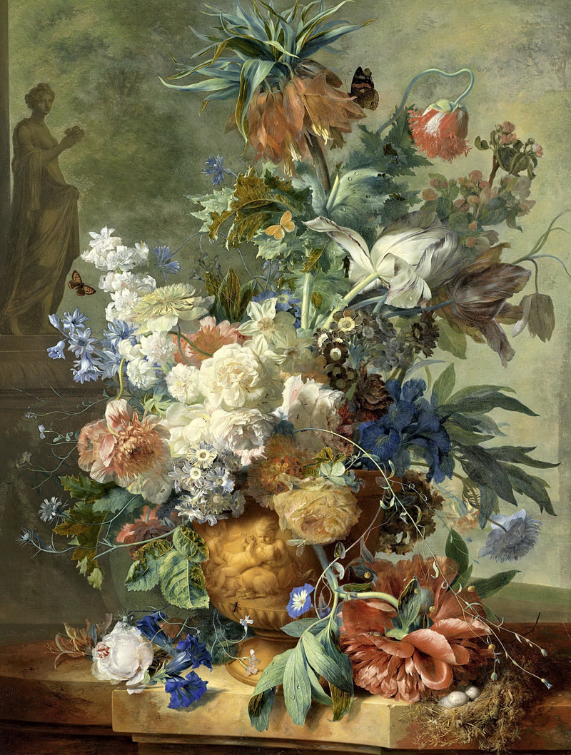 Still Life with Flowers by Jan van Huysum: roses, peonies and tulips in a terracotta vase outdoors, a nest on the ledge