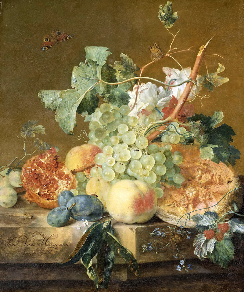Still Life with Fruit by Jan van Huysum: white grapes, peaches, plums, a cut pomegranate and melon on a stone ledge