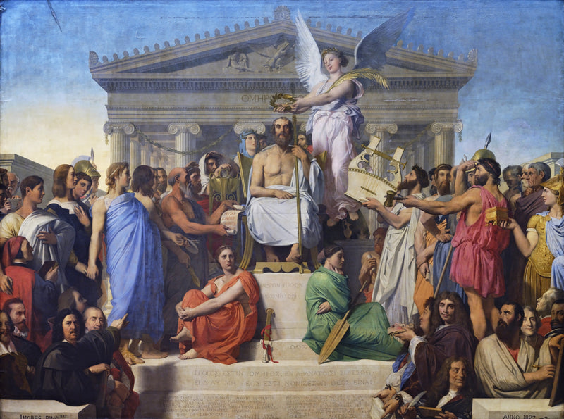 The Apotheosis of Homer by Ingres: Homer enthroned before a Greek temple, crowned by a winged figure among poets and artists