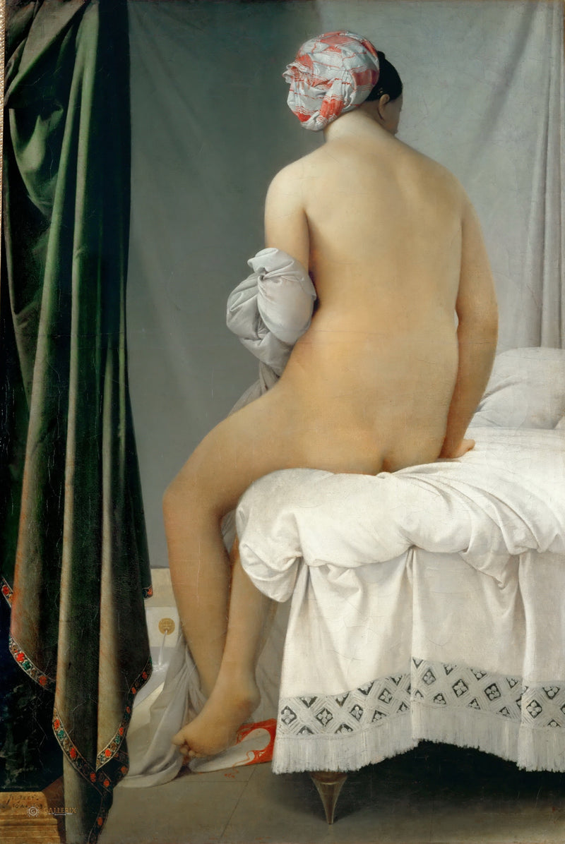 The Valpinçon Bather by Ingres: a nude woman seen from behind, seated on a white bed, a striped turban on her head